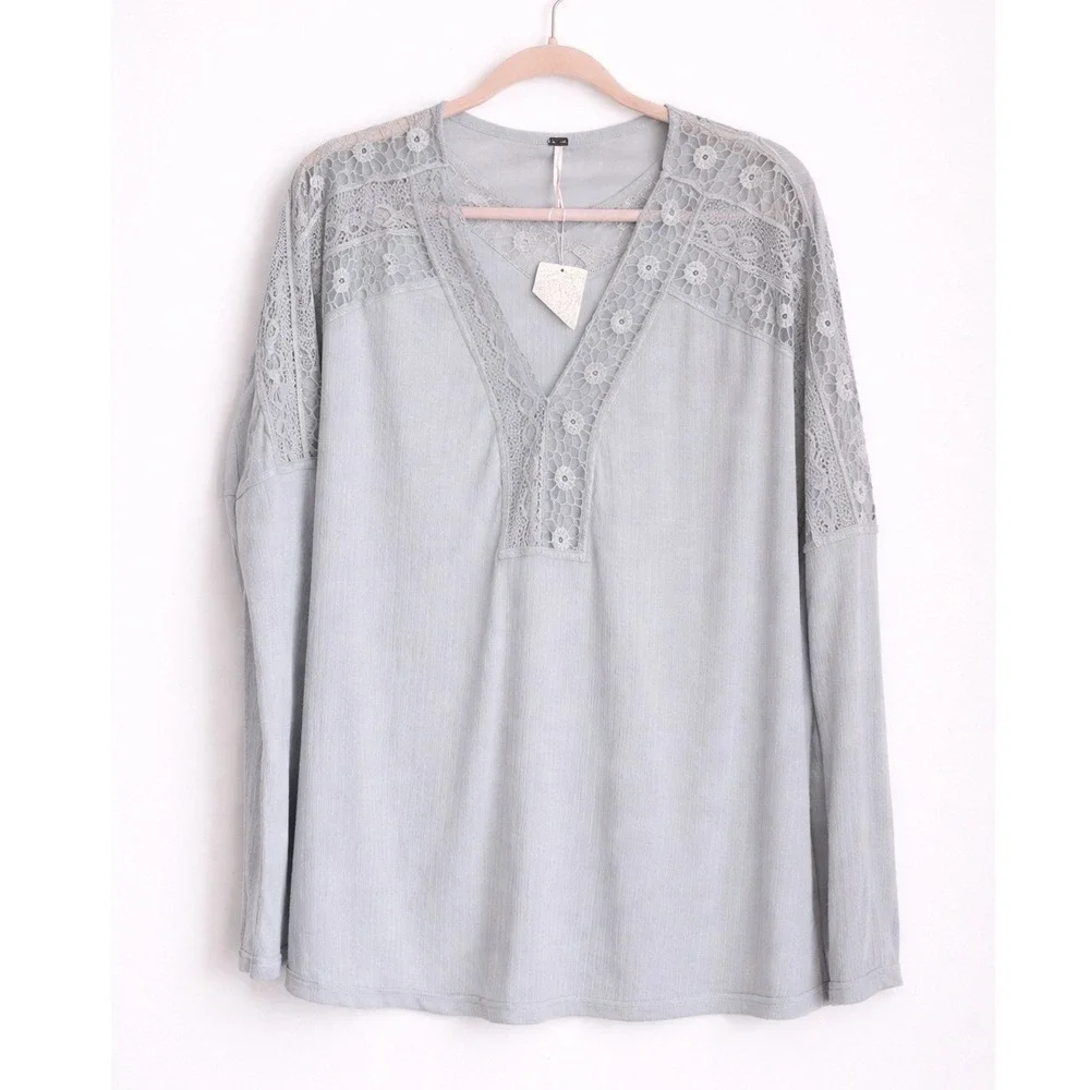 Free People NEW Lola Slate Lace Thermal Oversized Long Sleeve Top SZ Medium Boho